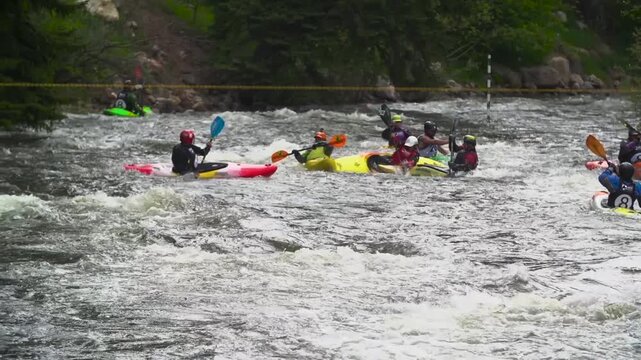 Kayakers bumping each other in a game called 8 ball