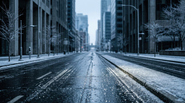 Empty city street covered in fresh winter snow between modern skyscrapers during cold morning light