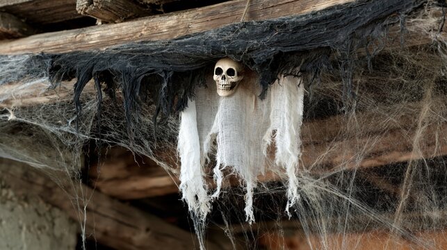 Spooky human skull hanging from wooden ceiling with cobwebs for halloween