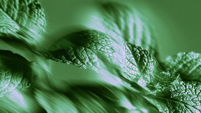 Green mint leaves close up motion blur