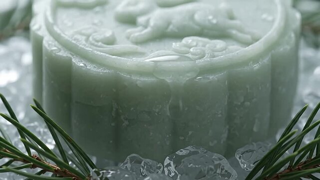 Green jade rabbit mooncake resting on ice with pine needles for Mid-Autumn Festival