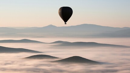 Fototapeta premium Black hot air balloon floats above misty mountain