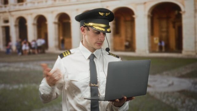 Man pilot in uniform holding a laptop and gesturing with his hand in front of a historic colonnade building; confusion troubleshooting.