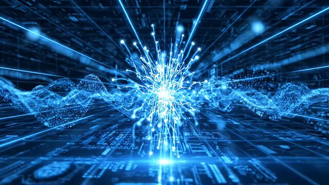 Abstract Blue Digital Data Stream Particle Wave - This abstract digital background features a dynamic blue particle wave emanating from a central bright core, set against a grid of glowing lines and
