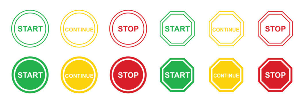 Start, Continue and Stop Button Icon Collection, Editable Vector Circular and Octagonal Action Symbols with Green, Yellow and Red Outlined Designs for Interface, Web and Infographic Use
