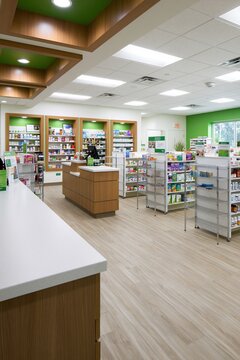 Modern pharmacy interior with green walls and wooden