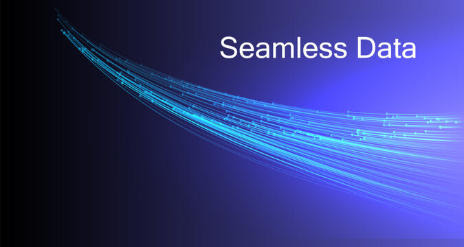 Horizontal data flow technology banner with points, headline text and a button on a dark teal background.