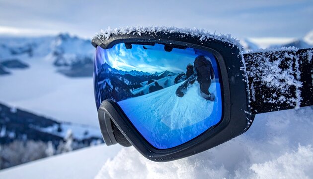 protective eyewear coated with frozen crystals and fresh powder, reflecting a high-altitude mountain scene, ideal for lessons about low temperatures, snow sports, weather, and nature.