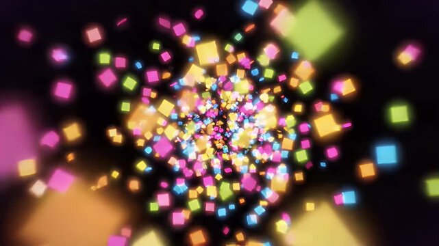 Multicolored Glowing Squares Abstract Background - An explosion of vibrant, multicolored glowing squares erupts against a dark background.