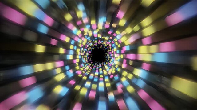 Abstract Swirling Tunnel of Glowing Lights - A mesmerizing, abstract tunnel effect is created by a vortex of multicolored glowing squares against a dark background.