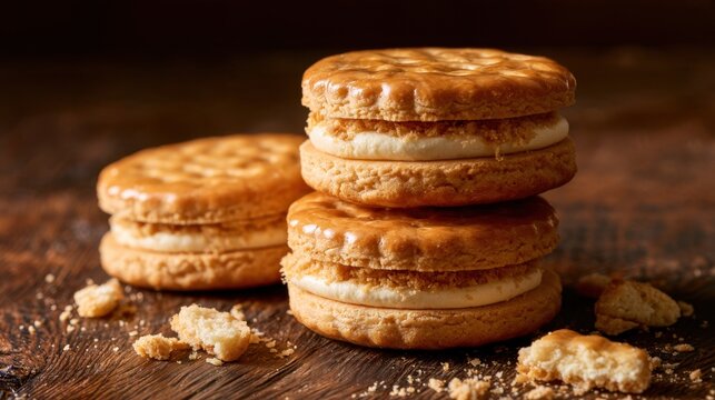 Close-up of round golden brown sandwich cookie with creamy white filling and crumb pieces on rustic wooden surface in warm lighting