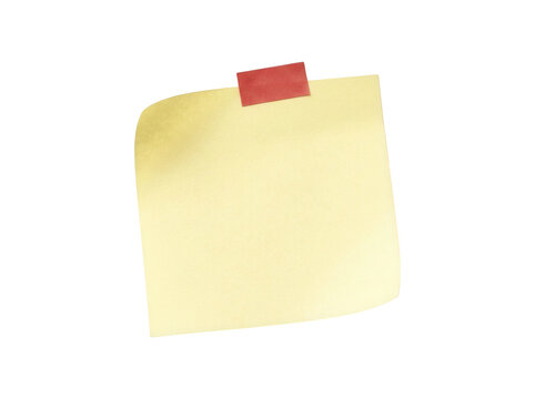 Yellow sticky note with red adhesive tape strip isolated on transparent background for office reminders and organizational messaging