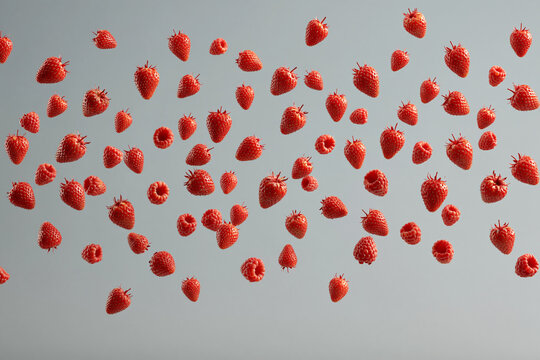 Fresh strawberries floating in the air against a plain light grey background with red berry