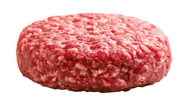 Raw beef burger patty prepared with fresh minced meat rests on a clean transparent background ready for grilling.