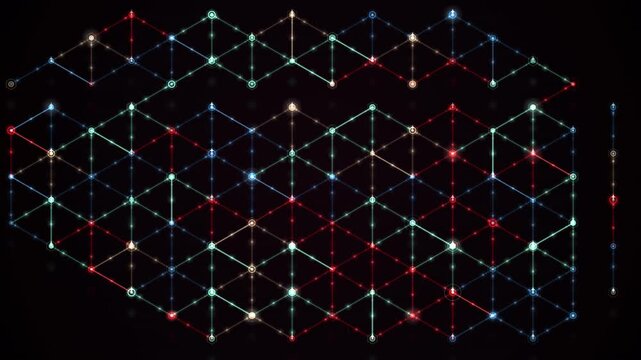 Colorful geometric lattice structure forms a seamless pattern with glowing nodes on a dark background