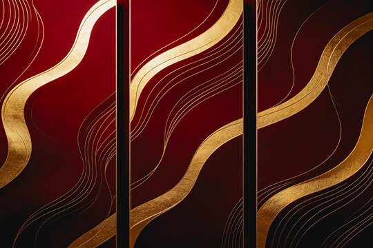 A luxurious abstract artwork featuring deep red background and elegant flowing gold wave lines, presented as three panel wall art.