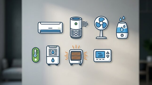 Set of various climate control appliances and household devices icons