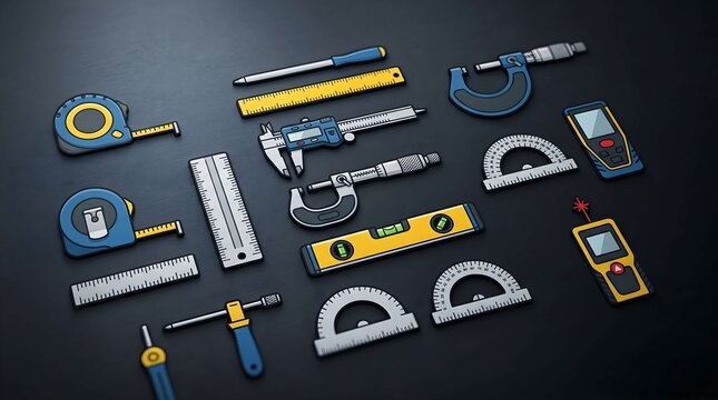 Set of various measurement and calibration tools arranged neatly on a dark background