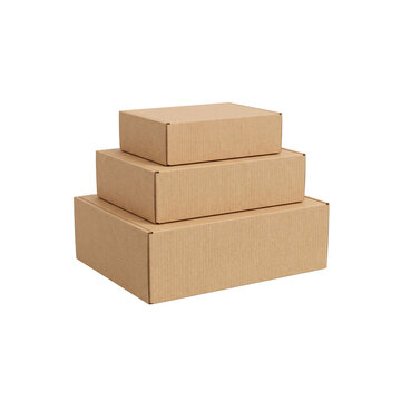 Stack of three corrugated cardboard shipping boxes isolated on white background cutout PNG