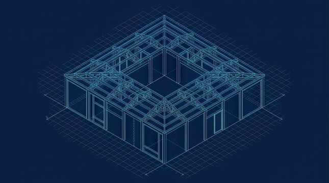 Isometric wireframe blueprint of a square building