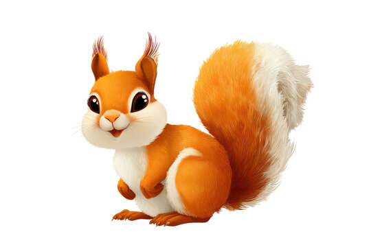 Cute cartoon squirrel with fluffy tail in soft studio lighting representing childhood wonder and nature, isolated on transparent background