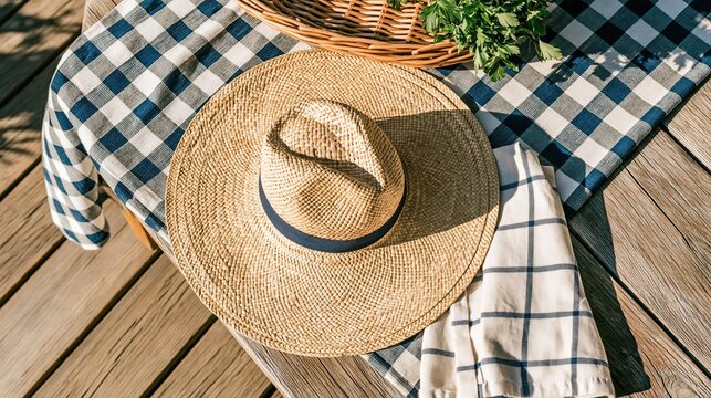 Straw hat resting on a blue and white checkered picnic cloth on a wooden deck in natural sunlight
