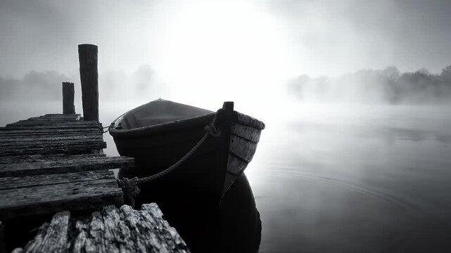 Black and White Boat Docked in Foggy Water - A serene and mysterious scene featuring a wooden boat tied to a weathered dock.