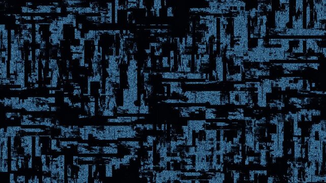 Animated blue digital noise grid glitch texture on black background. High tech data error distortion effect ideal for cyber security, technology intro, coding, and sci-fi video background