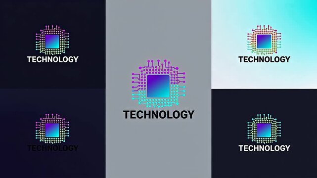 Circuit technology icons arranged on multicolored square backgrounds