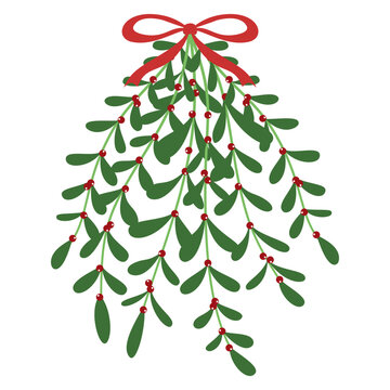 A classic Christmas hanging mistletoe bunch with green leaves, red berries, and a red ribbon bow isolated on a transparent background for holiday designs.