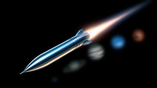 Silver rocket launching through space with planets in
