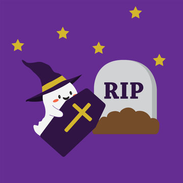 Cute Halloween Ghost Holding Coffin with Tombstone and Stars Vector