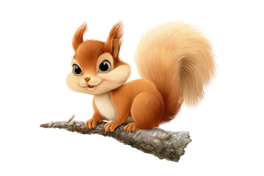 Cute Squirrel perched on a branch during daylight with a fluffy tail and curious expression, isolated on transparent background