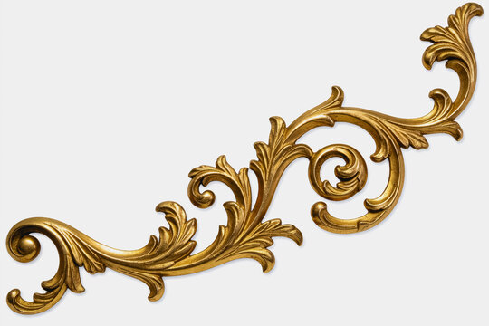 A gilded rococo-style decorative scroll with intricate acanthus motifs, suitable for architectural or interior ornamentation.