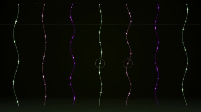 This image displays a dark background featuring multiple vertical columns of wavy lines and glowing dots in neon colors.