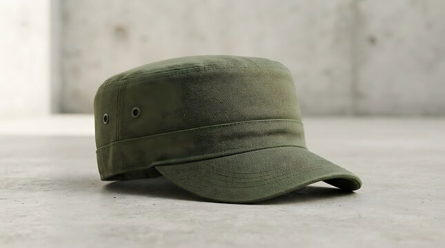 An olive green military-style cadet cap with a flat top and short brim, featuring two metal eyelets, resting on a light grey surface.