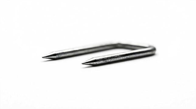 Single metal U shaped staple isolated on a clean white background