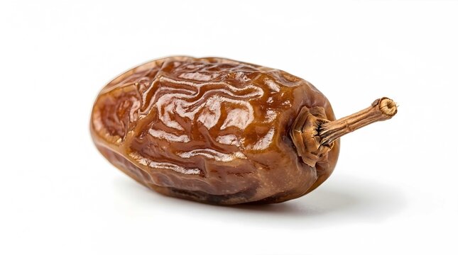 Single sweet date fruit with stem isolated on white background macro shot