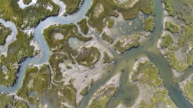 Aerial view of winding river channels, tidal salt marsh landscape with green vegetation patches, mudflats, and intricate water patterns in a coastal wetland ecosystem