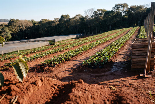 Mudas jovens de caf&eacute; em fileiras sobre terra roxa ao p&ocirc;r do sol