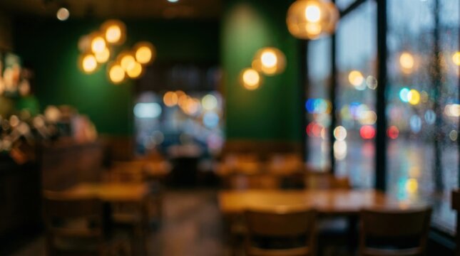 Cozy cafe interior at night, blurred lights and rain streaks on window, inviting atmosphere