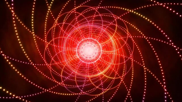Glowing red and orange particle spiral motion background. Hypnotic futuristic neon geometry animation, perfect for VJ loops, digital concerts, techno party events, and cyber tech concepts.