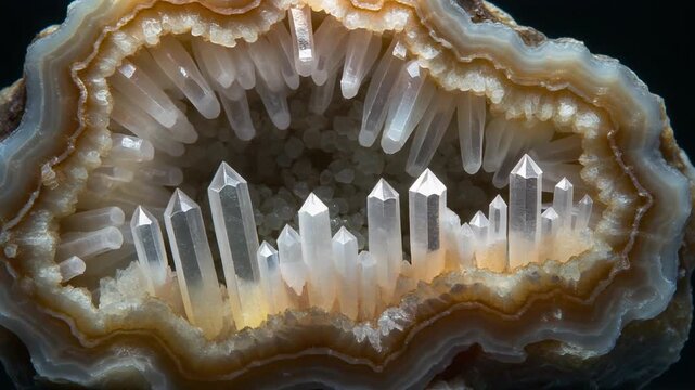 Macro Closeup of Quartz Crystal Geode Interior with Translucent White Points and Agate Banding