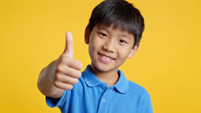 Cheerful Young Boy Gives Thumbs Up - A happy young boy in a blue polo shirt smiles with his eyes closed, giving a thumbs up gesture. He is positioned against a bright, solid yellow background.
