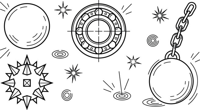 Industrial Steel Ball and Bearing Icon Set with Wrecking Ball, Spiked Mace, and Spark Elements for Construction Graphic Designs