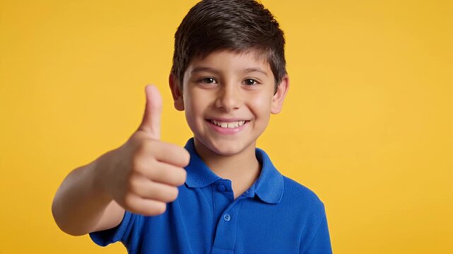 Cheerful Boy Smiling Thumbs Up Blue Shirt Yellow Background - A happy young boy wearing a bright blue shirt smiles warmly and gives a thumbs-up gesture against a vibrant yellow background.