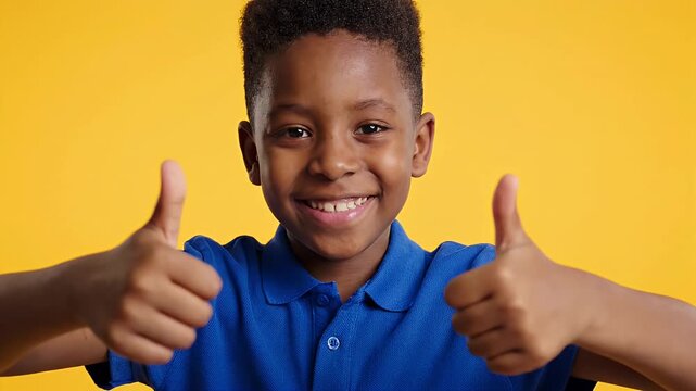 Cheerful Young Boy Giving Thumbs Up Against Yellow Background - A happy young boy with a bright smile and short hair wears a blue collared shirt.