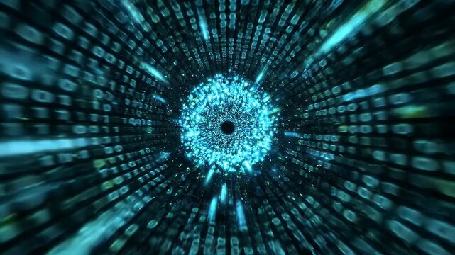 Digital Data Tunnel In Darkness With Circular Flow - A digital data tunnel made of binary code streams outward from a central glowing core in the darkness.