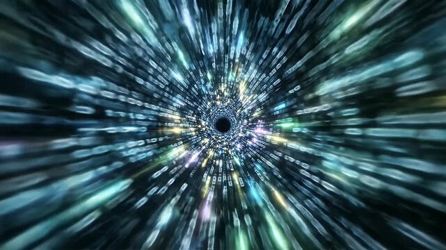 Digital Data Tunnel Warp Speed - A dynamic visual of a digital data flow forming a tunnel effect through darkness, with glowing lines of binary code extending into the distance.
