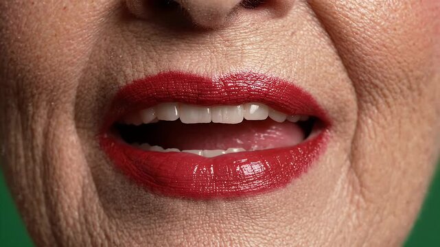 Close Up Of Woman's Mouth With Red Lipstick And Tongue - A close-up shot shows a person's mouth with bright, shiny red lipstick.